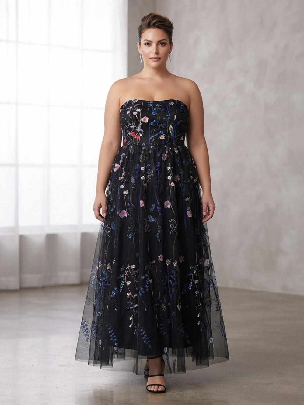 Black Strapless Maxi Dress with Multicolor Floral Embroidery